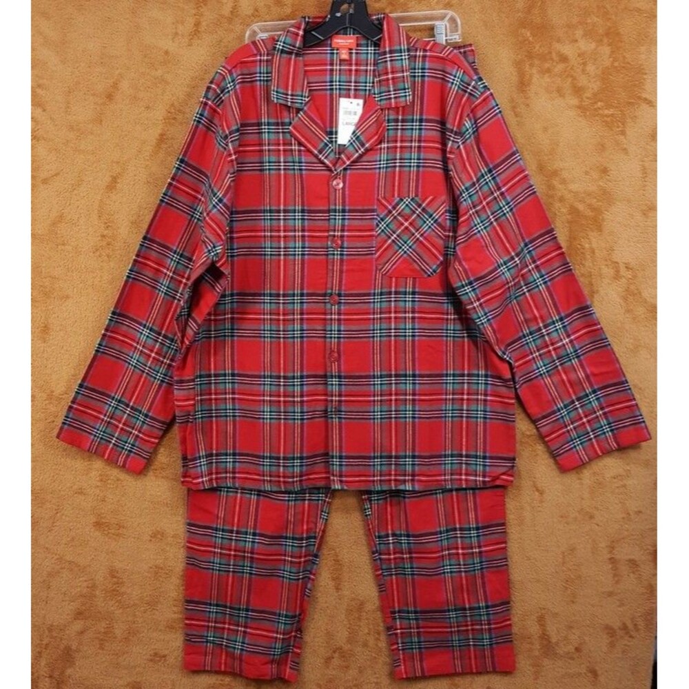 HOLIDAY LANE Pajama Set Mens Large Red Plaid Collared Button Up Flannel Pjs